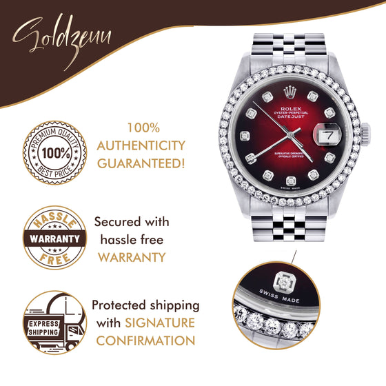 Rolex Datejust 36mm- 16200- Red Dial Jubilee Band| GOLDZENN-Showing the features of the watch.