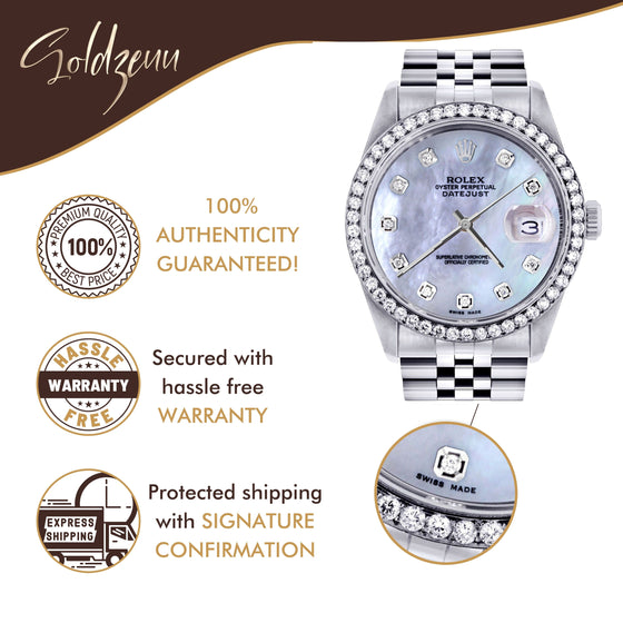 Rolex Datejust 36mm- 16200- Mother of Pearl Dial Jubilee Band | GOLDZENN- Showing the features of the watch.