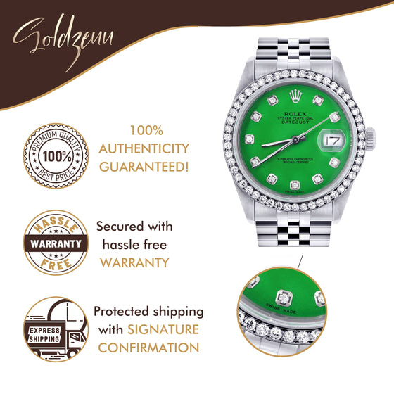 Rolex Datejust 36mm -16200- Green Dial Jubilee Band | GOLDZENN- Showing the features of the watch.