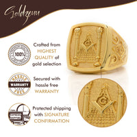 A close-up of the Mason Ring in Solid Gold displays engraved symbols. Text notes premium quality, a hassle-free warranty, and insured shipping with signature confirmation. Quality, warranty, and shipping logos are also shown.