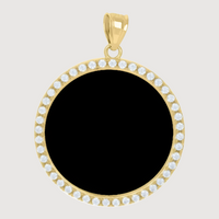 The Medallion Picture Pendant in 10k Solid Gold features a blank black center framed by sparkling white stones and a gold bail—ideal as a customizable pendant for cherished photos or memories.