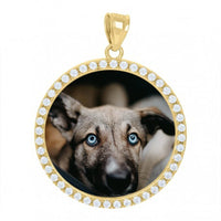 The Medallion Picture Pendant in 10k Solid Gold features a circle of clear gemstones framing your custom photo, like a dog with blue eyes and light brown fur. The dog's perked ears and direct gaze make this solid gold pendant truly unique.