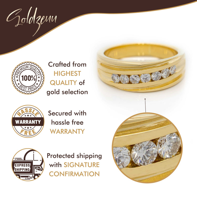 The Men's Wedding Ring Multi-Stone Diamond in 14K yellow gold features seven diamonds. Crafted from the highest quality gold, it comes with a hassle-free warranty, certification, and secure shipping with signature confirmation.
