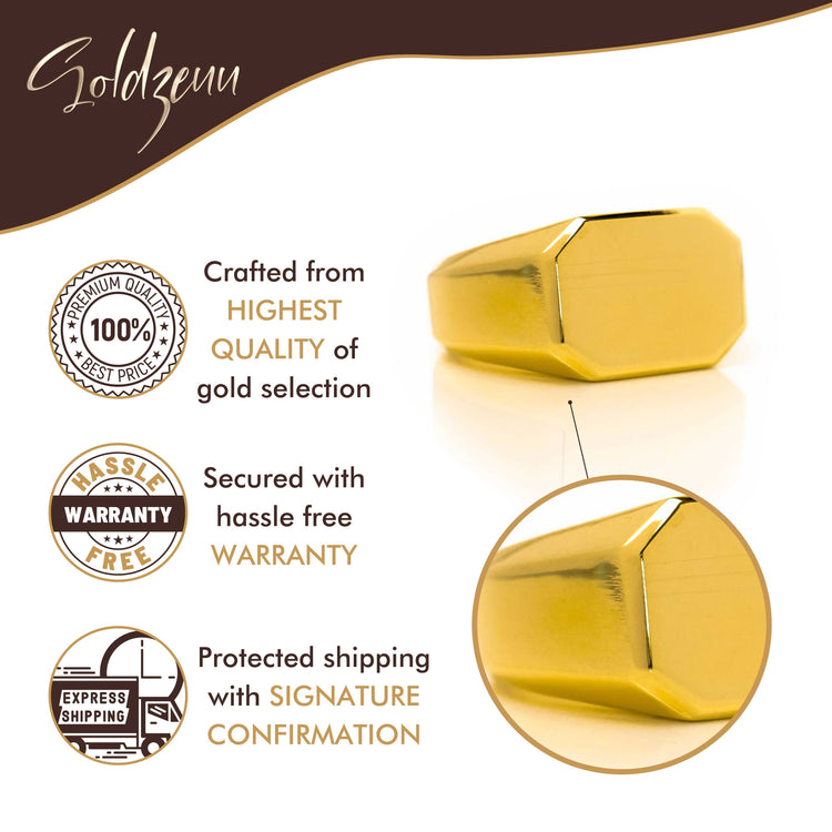The Octagon Signet Ring in Solid Gold is shown with three icons emphasizing its premium gold, worry-free warranty, and secure shipping with signature confirmation.