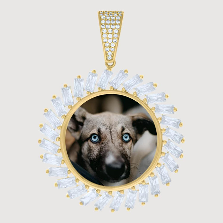 The 10k Solid Gold Custom Picture Pendant with Slanted Baguette CZ Stones frames a circular photo of a blue-eyed, light brown dog, creating a stunning and personalized accessory against any neutral background.