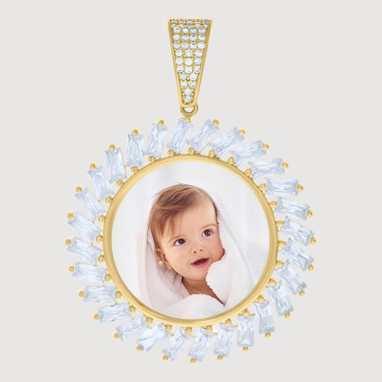 A 10k solid gold custom picture pendant with slanted baguette CZ stones—a stunning personalized jewelry piece perfect for showcasing your favorite photo.