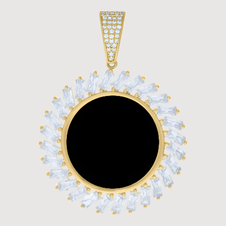 The 10k Solid Gold Custom Picture Pendant features a round black center, a ring of slanted baguette CZ stones, and a gold bail with small white stones—ideal for creating personalized photo jewelry.