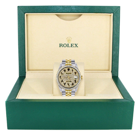 Diamond Gold Rolex 36mm - 16233- Black Arabic Full Diamond Dial- Showing the watch detail in a box.