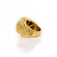The Round Cluster Ring in Solid Gold features intricate engraved floral patterns on its band and is displayed on a white reflective surface.