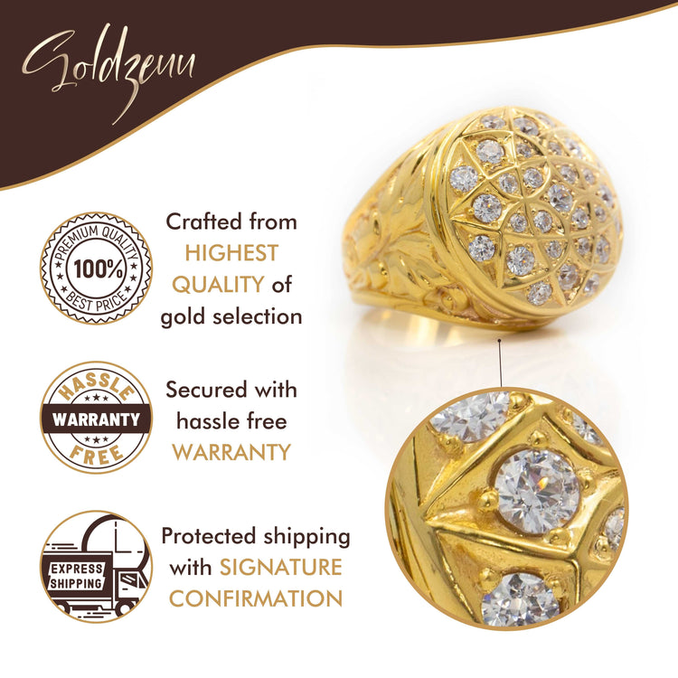A close-up shows the Round Cluster Ring in Solid Gold, featuring multiple embedded diamonds. Text highlights quality, warranty, and secure shipping benefits with Goldzeum branding and related icons.