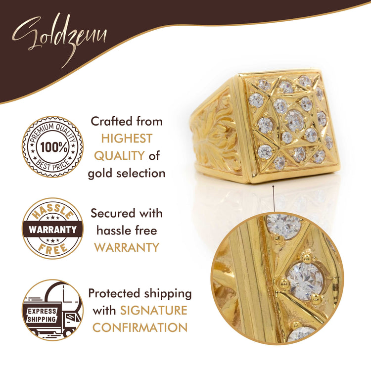 The Square Cluster Ring in Solid Gold is displayed with a diamond-studded face. Goldzeuu branding, certification badges, and a close-up of its diamonds appear, alongside highlights of high-quality gold, warranty, and secure shipping.