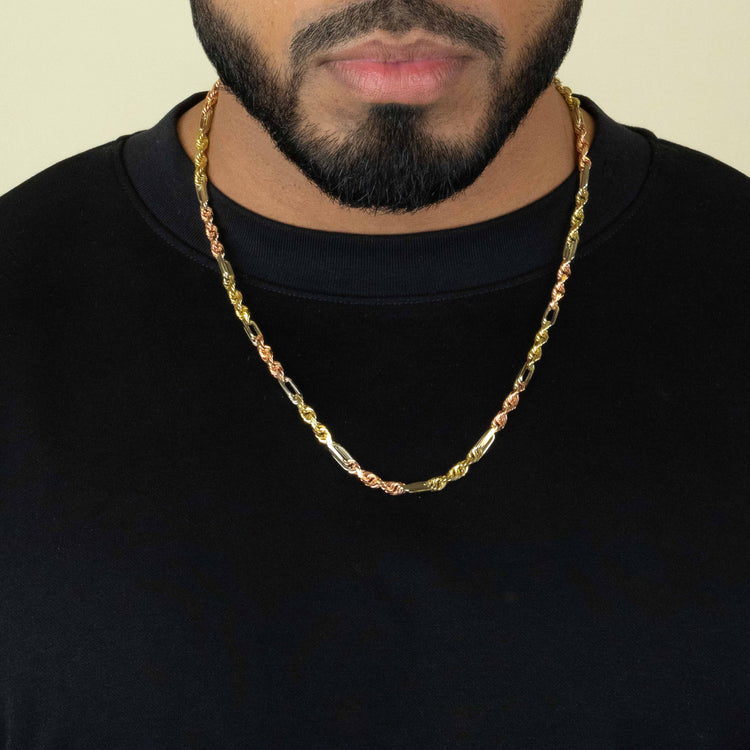 A man wearing a black shirt and the Tricolor Milano Figarope - 4.5mm 14k Solid Gold necklace, admired for its Italian craftsmanship, shown from shoulders to chin.