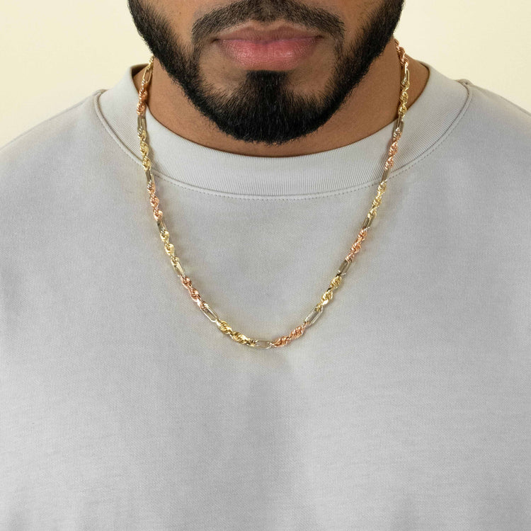 A man with a neatly trimmed beard wears a light grey crew neck shirt and the Tricolor Milano Figarope - 4.5mm 14k Solid Gold necklace, Italian-crafted. Only his mouth, beard, and jawline are visible.