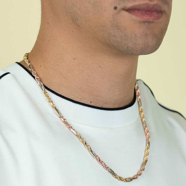 A close-up shows a person in a white shirt with black trim wearing the Tricolor Milano Figarope—4.5mm 14k solid gold, blending gold, rose gold, and silver tones. Only the lower half of their face is visible, highlighting Italian craftsmanship.