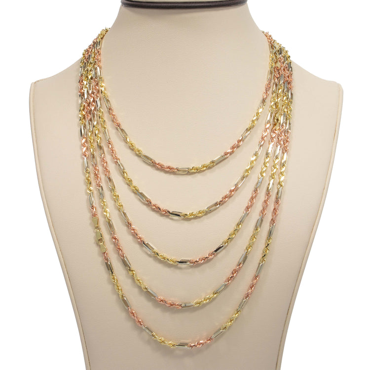 A display bust showcases the Tricolor Milano Figarope Chain—3.5mm, crafted in 14k solid gold—with five layered chains in yellow, rose, and white tones featuring delicate twisted links in a stylish design.