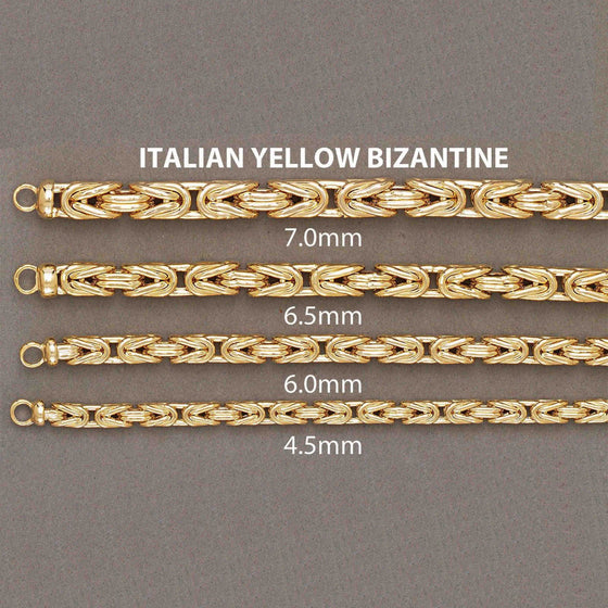 Byzantine Chain Bracelet- 10K Semi Solid | GOLDZENN- Showing the width variations of the bracelet.