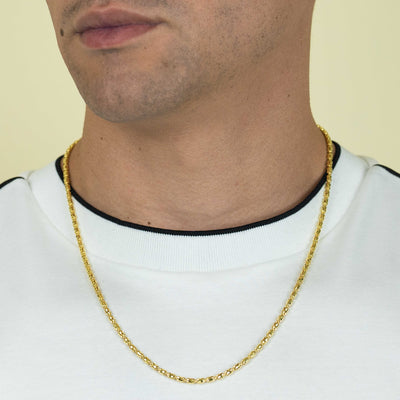 Barrel Yellow Gold Crystal Chain- 3mm | GOLDZENN- Front view detail of the chain while a model wearing it.