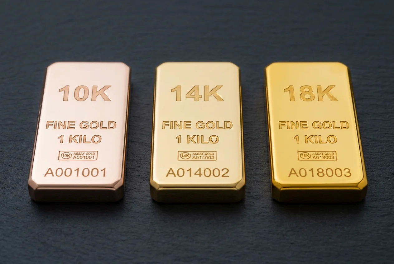 Three stamped gold bars labeled 10K, 14K and 18K arranged side by side, illustrating how gold color deepens from pale at 10K to rich yellow at 18K