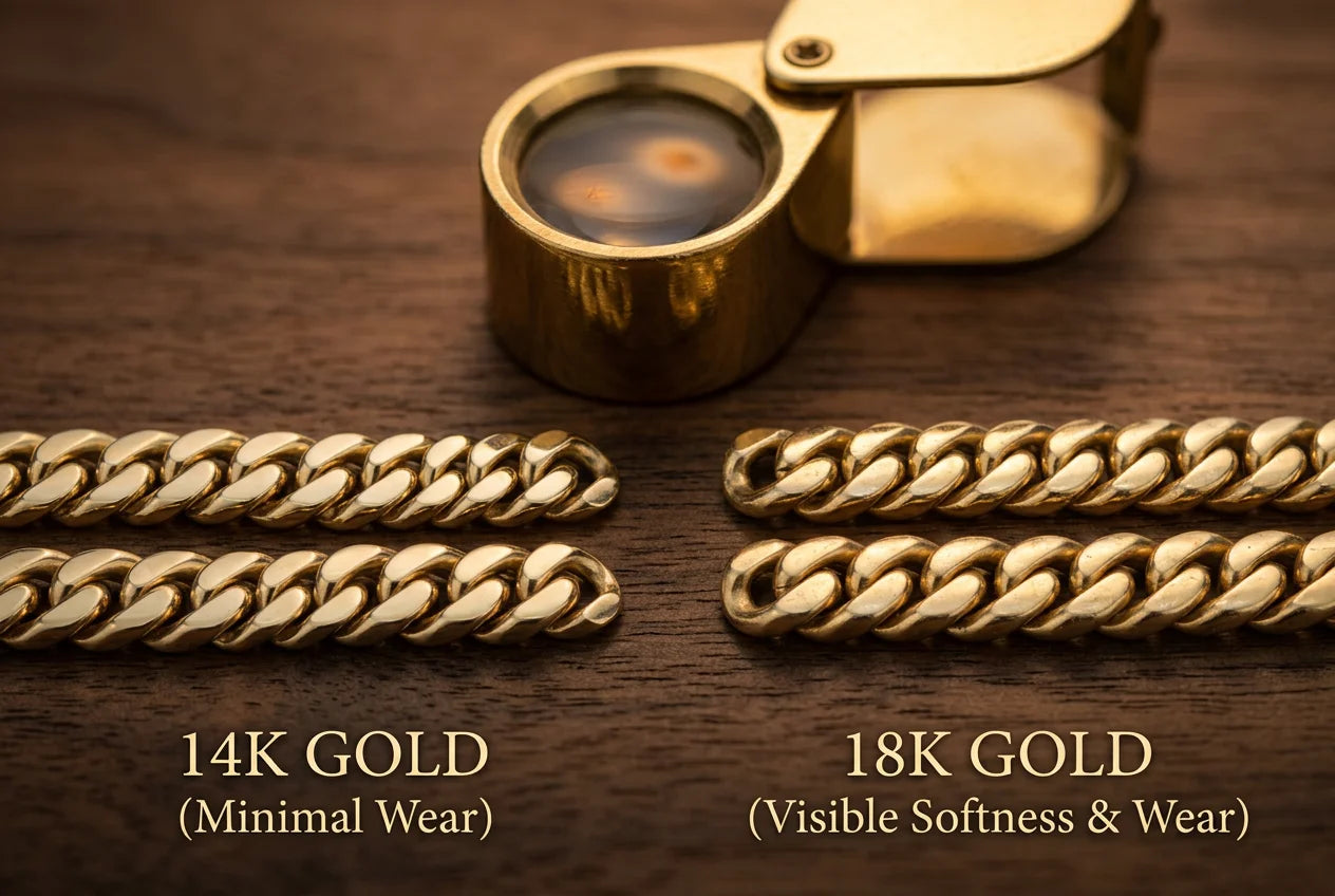 Two pairs of gold Cuban link chains on a wood surface beside a jeweler's loupe, the left pair labeled 14K gold with minimal wear and the right pair labeled 18K gold showing visible softness and surface wear