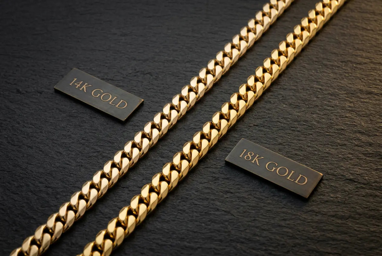 A 14K gold Cuban link chain and an 18K gold Cuban link chain laid parallel on dark slate with engraved metal labels, showing the deeper, warmer tone of the 18K chain