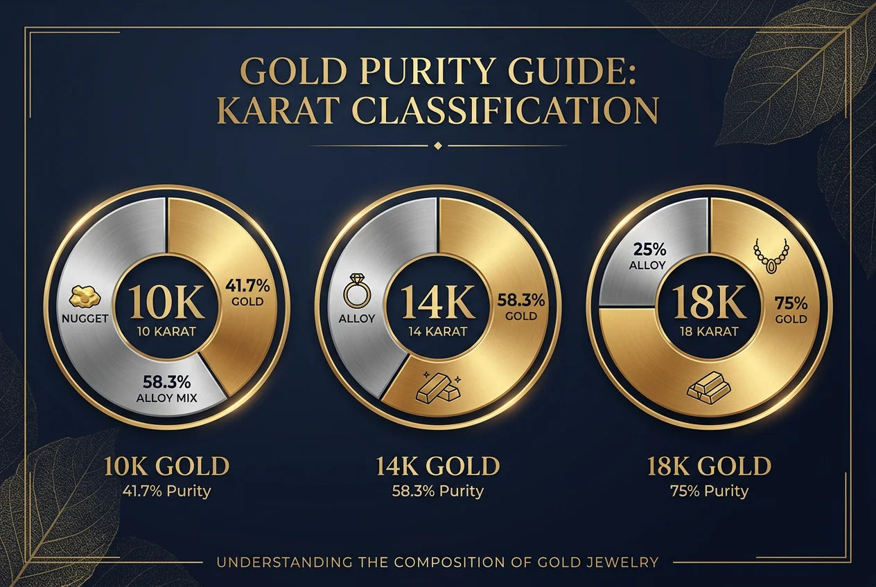 Gold purity infographic showing three donut charts: 10K at 41.7 percent gold and 58.3 percent alloy, 14K at 58.3 percent gold and 41.7 percent alloy, and 18K at 75 percent gold and 25 percent alloy