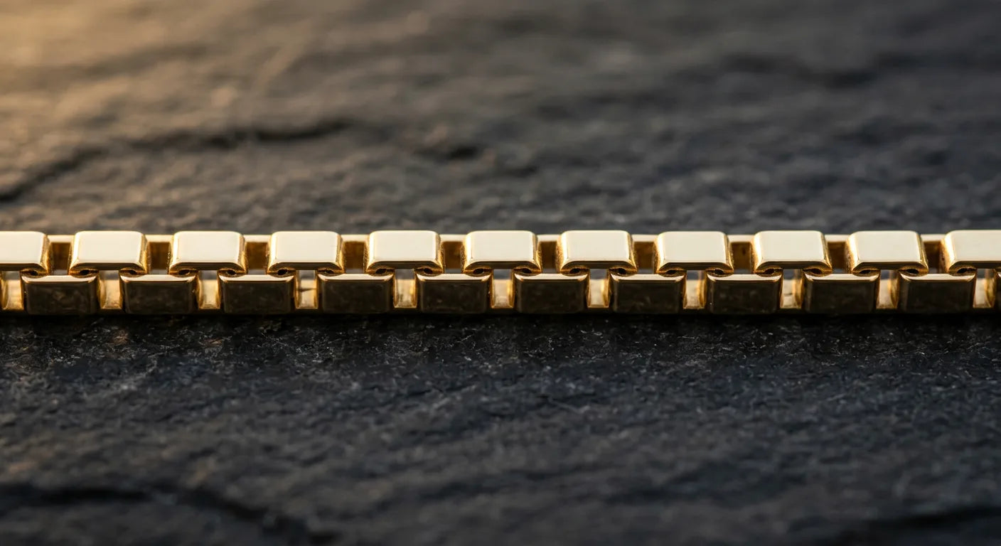 Extreme close-up of gold box chain showing distinctive square interlocking links in uniform geometric pattern