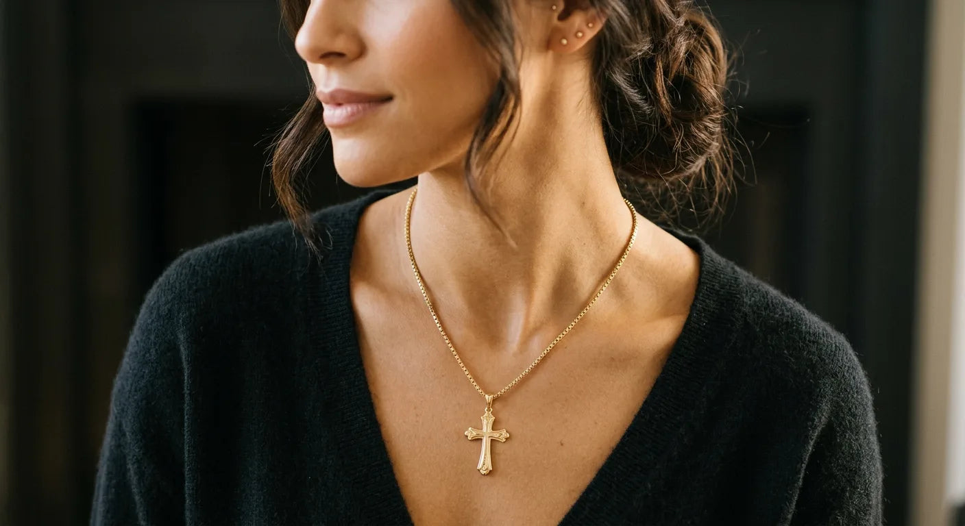 Gold cross pendant hanging perfectly from box chain showing why box chains are ideal pendant chains with smooth, centered hang