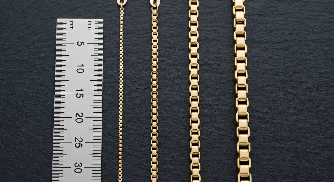 Gold box chain width comparison showing 1mm to 4mm widths arranged parallel with measurement scale