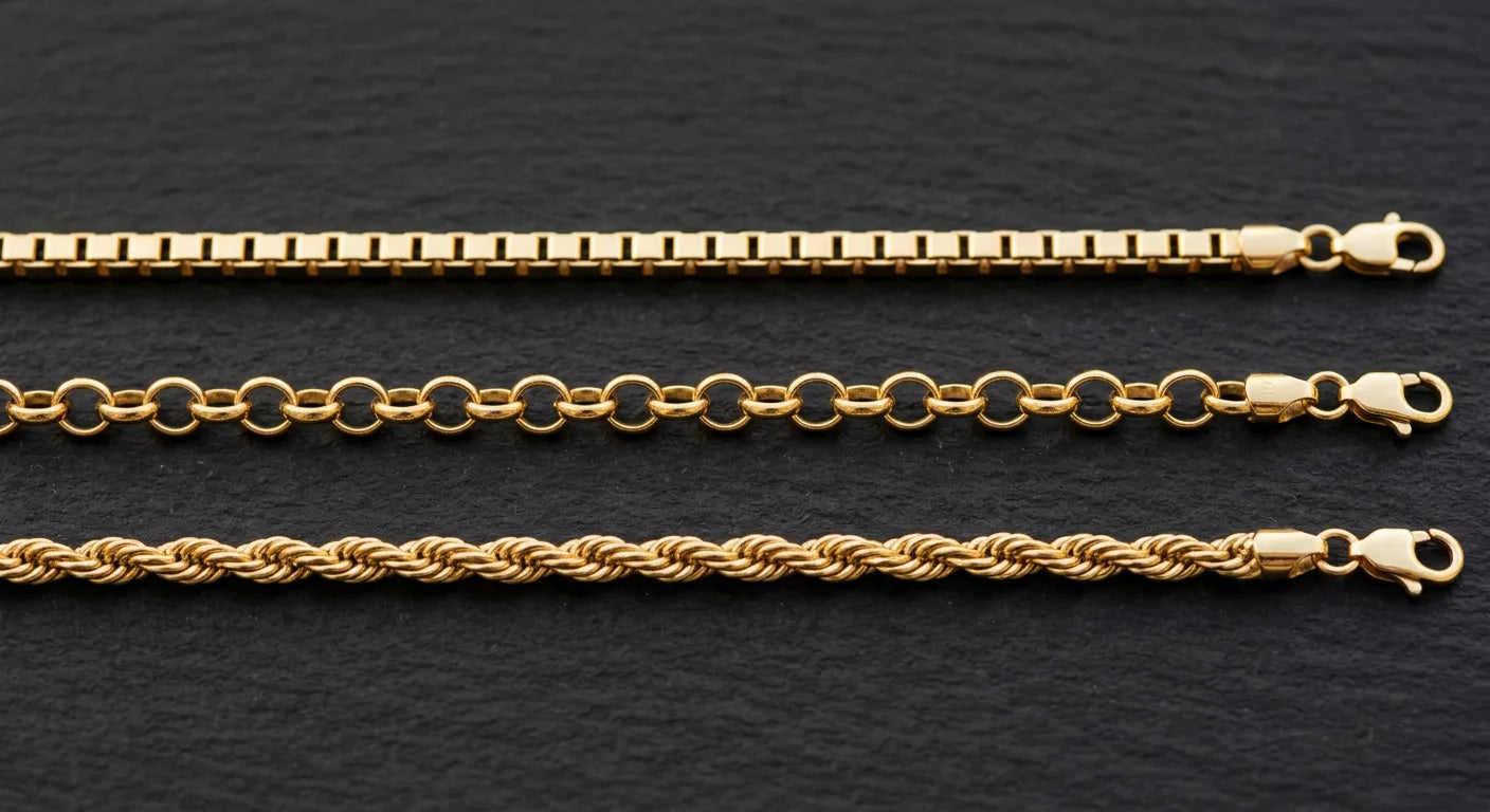 Box chain versus cable chain versus rope chain comparison showing distinct link structures and visual textures at similar widths