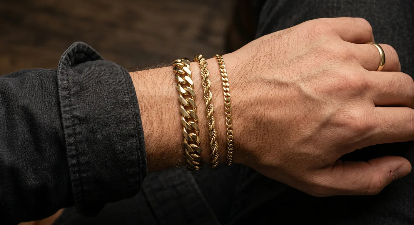 Three stacked gold bracelets on wrist showing thin Cuban link, medium rope, and bold Cuban link in graduated luxury stacking arrangement
