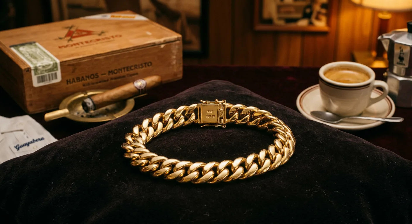 Solid gold Cuban link bracelet on dark velvet with Miami Cuban cultural elements suggesting heritage and family tradition