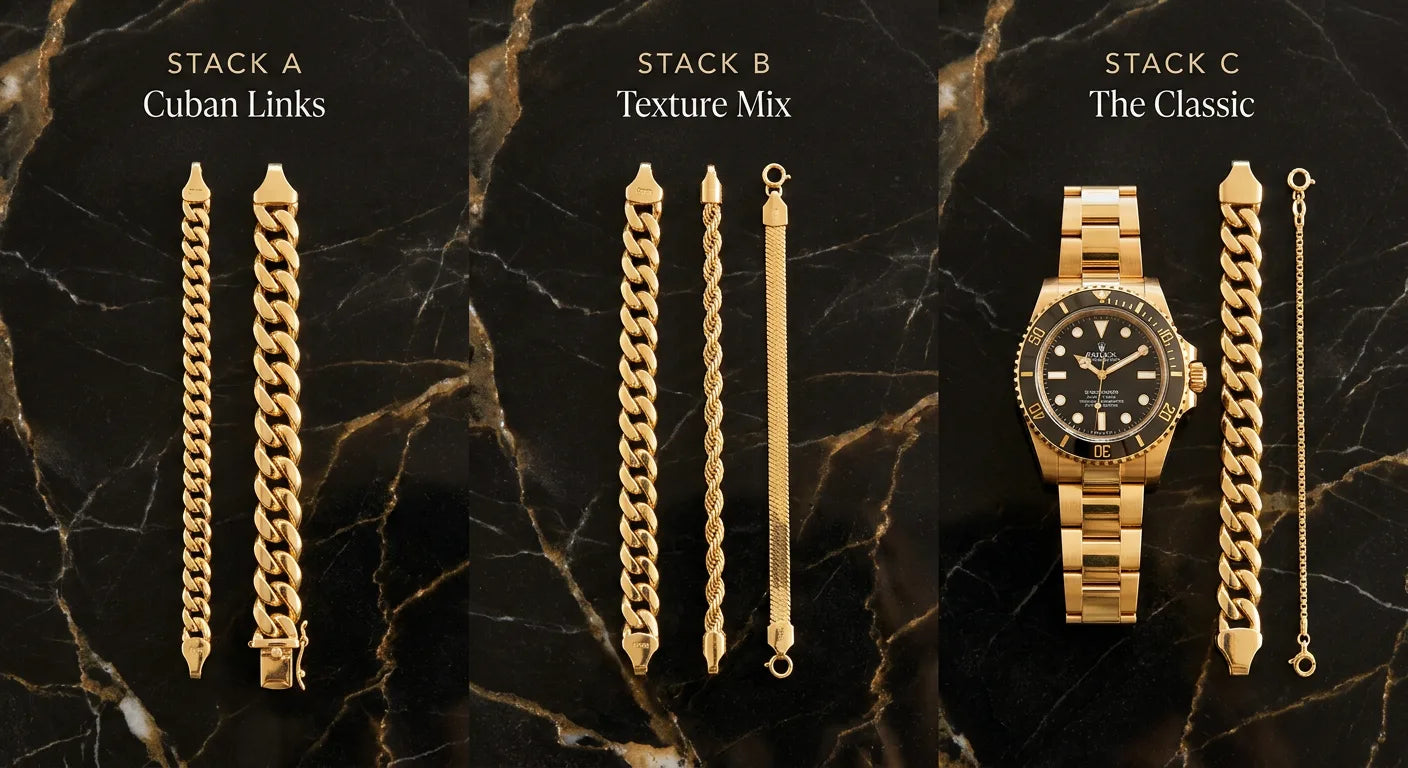 Three curated bracelet stacking formulas shown in flat lay including dual Cuban link, mixed chain types, and watch pairing combinations