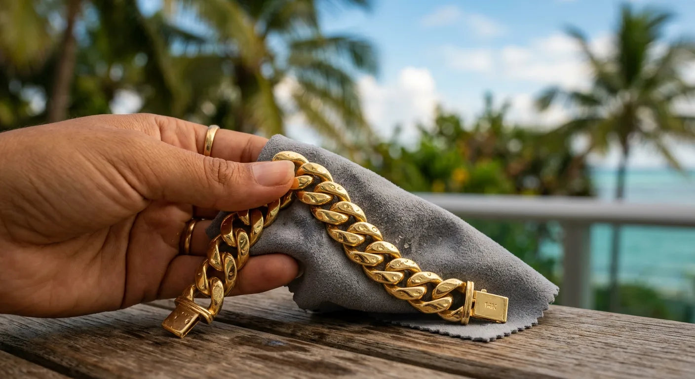 Gold Cuban link bracelet being dried with microfiber cloth in tropical setting showing Miami climate jewelry care