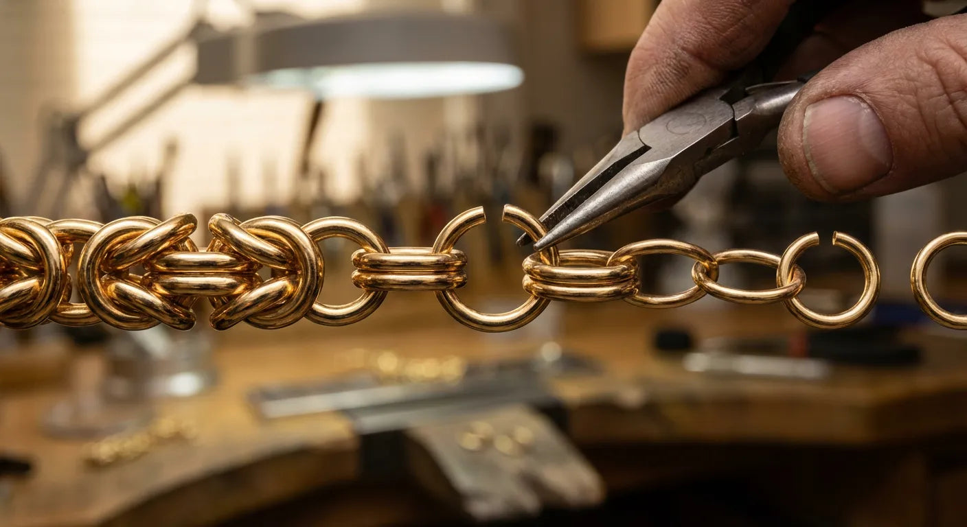Diagram showing how a Byzantine chain is constructed using the 4-in-1 ring weave pattern with labeled construction steps