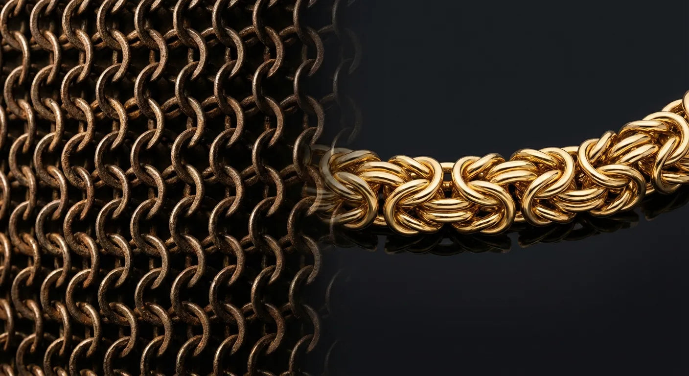 Medieval chainmail armor pattern compared to modern gold Byzantine chain, showing the shared 4-in-1 interlocking ring construction