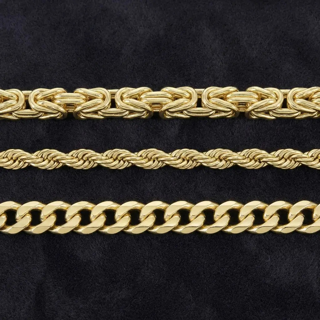 Side-by-side comparison of Byzantine chain, Cuban link chain, and rope chain in solid gold showing different link structures