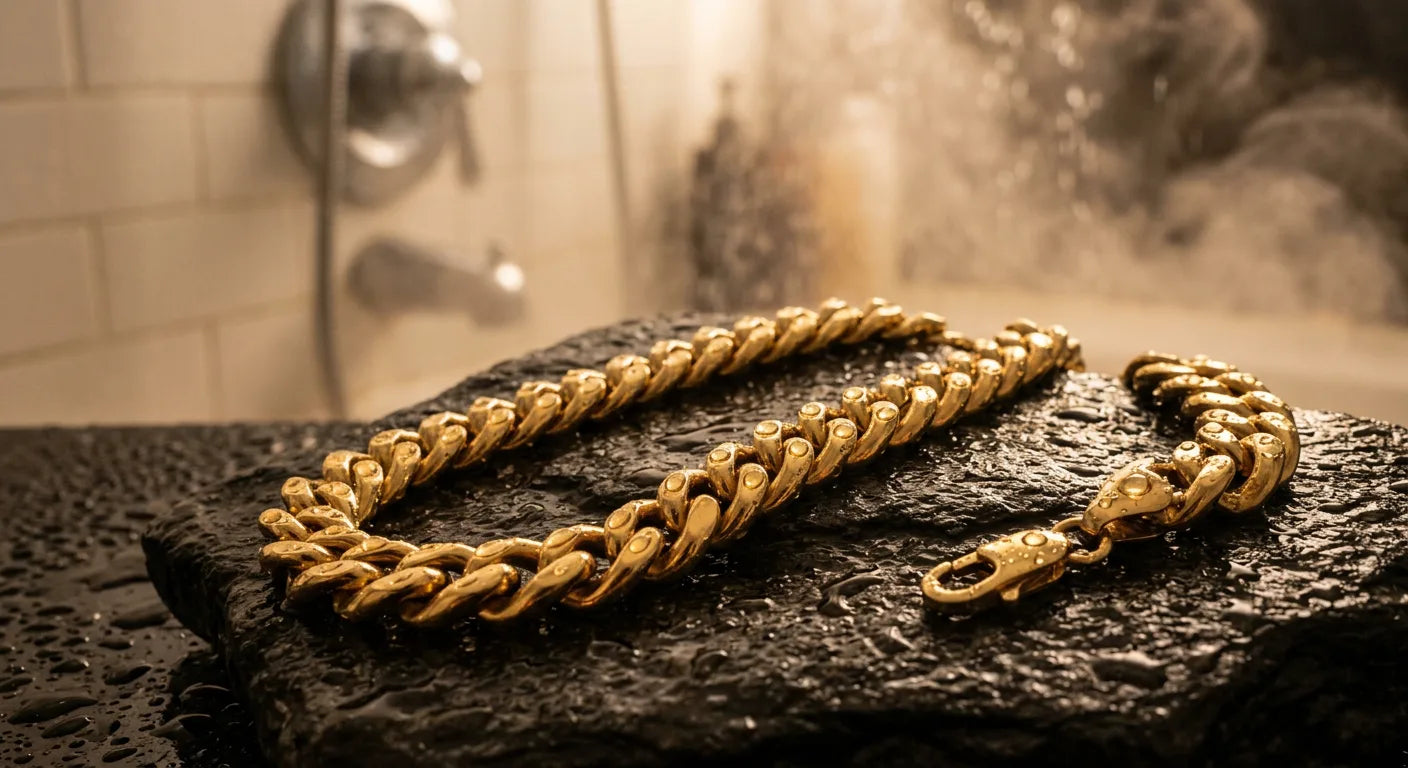 Water droplets beading on solid gold Cuban link chain surface demonstrating water resistance of solid gold jewelry