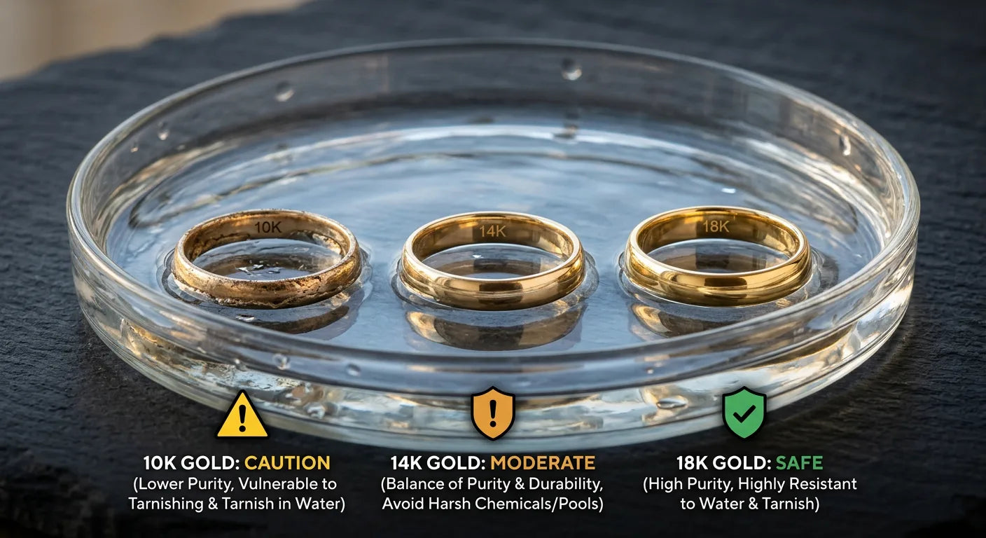 Three gold rings of 10K, 14K, and 18K partially submerged in water showing different water resistance by karat level