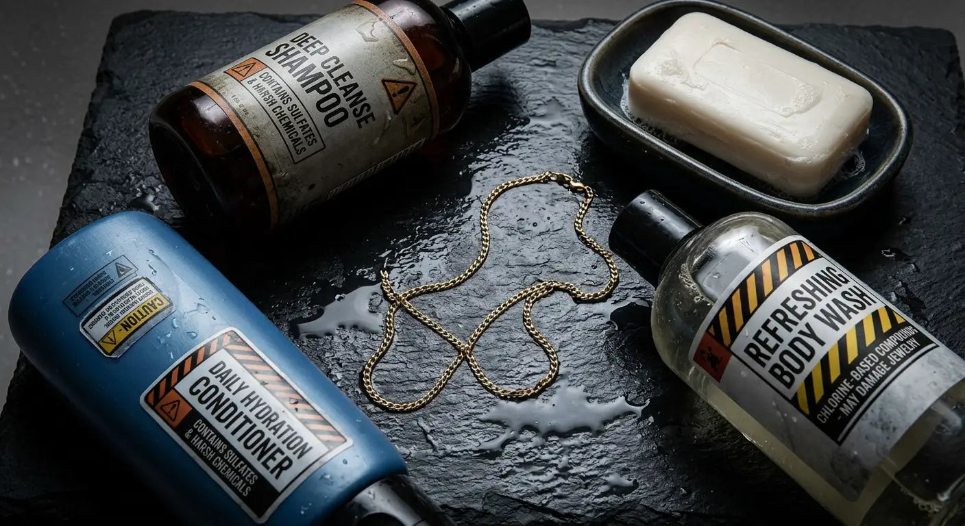Common shower products including shampoo, conditioner, and body wash that can affect gold jewelry quality over time