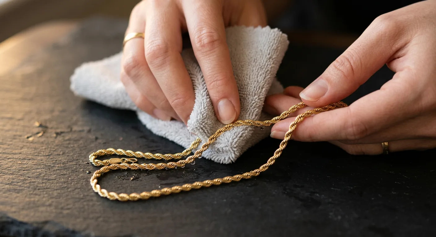 Gently drying gold chain with soft microfiber cloth after water exposure showing proper post-shower jewelry care routine