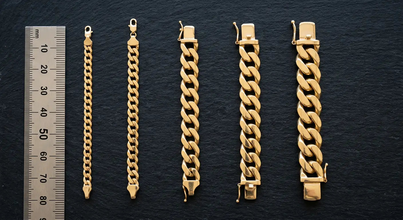 Cuban link bracelet width comparison from 3mm to 14mm showing five widths with measurement ruler for scale