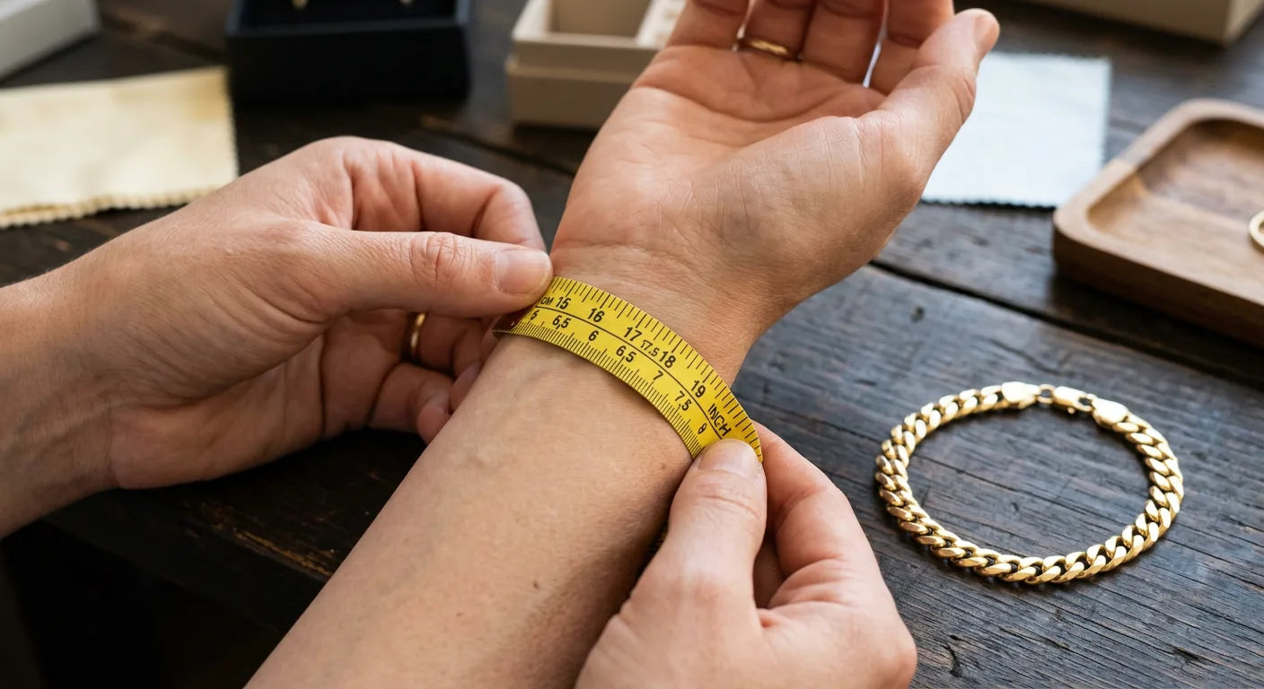 Measuring wrist circumference with flexible tape for Cuban link bracelet sizing with gold bracelet nearby