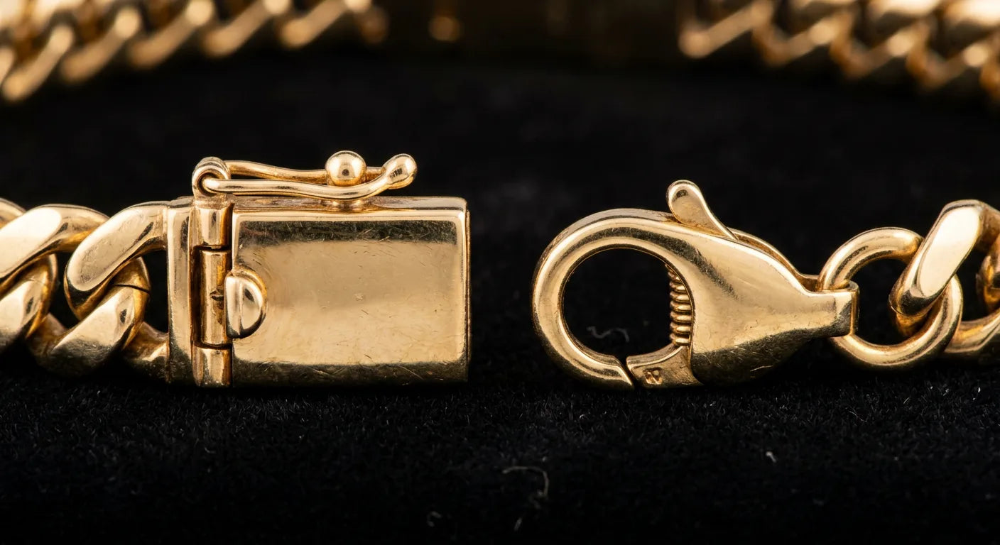 Cuban link bracelet clasp comparison showing box clasp with safety latch versus lobster clasp in detailed close-up
