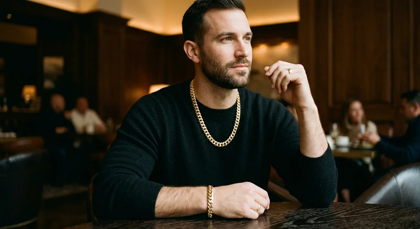 Matching 10mm Cuban link gold chain and bracelet set showing coordinated styling for cohesive luxury look