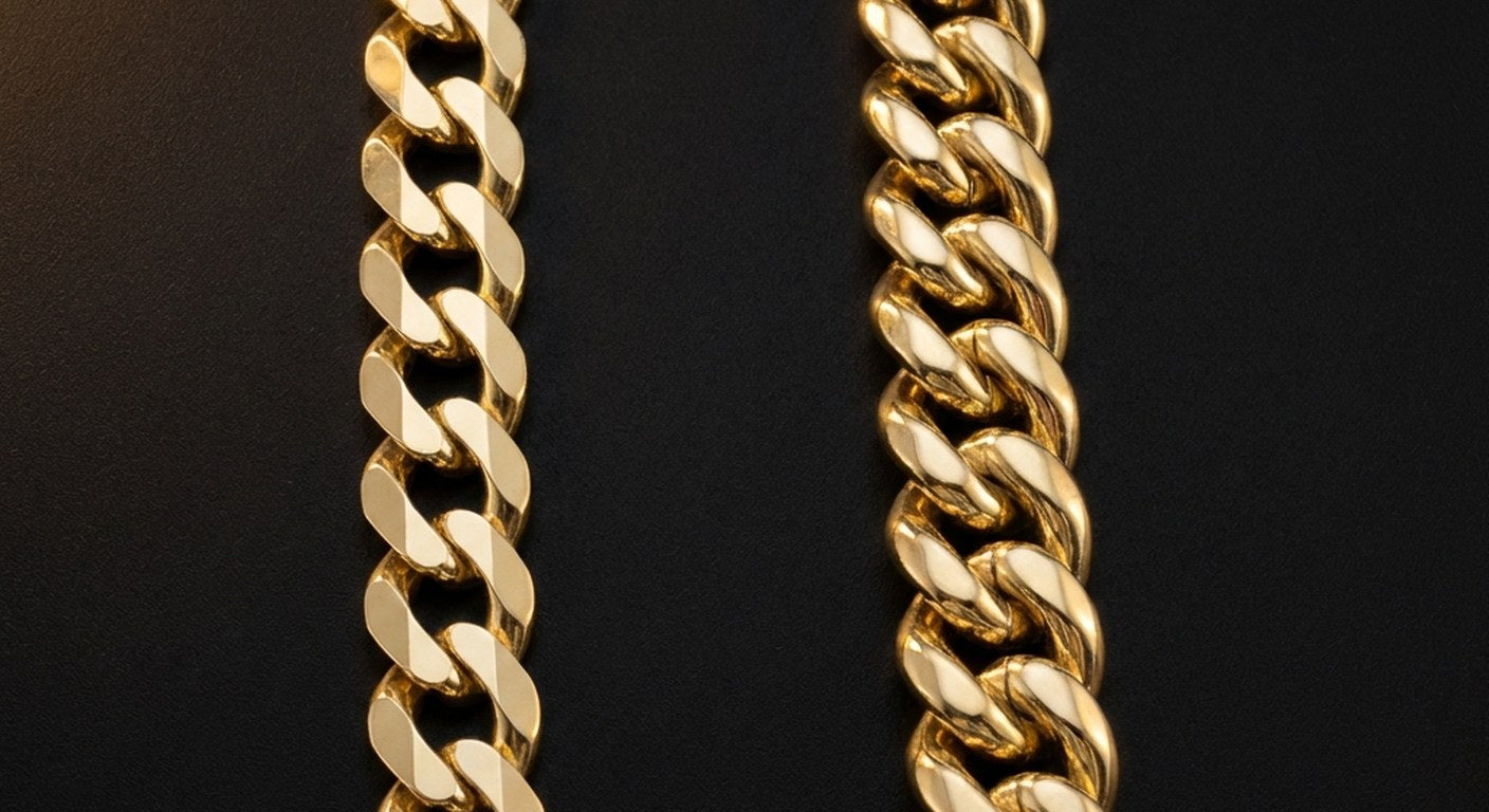 Side-by-side comparison of a curb chain and Cuban link chain showing the difference in link structure