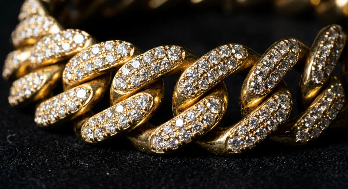 Extreme close-up of diamond Cuban link chain showing brilliant stones set into each interlocking gold link face