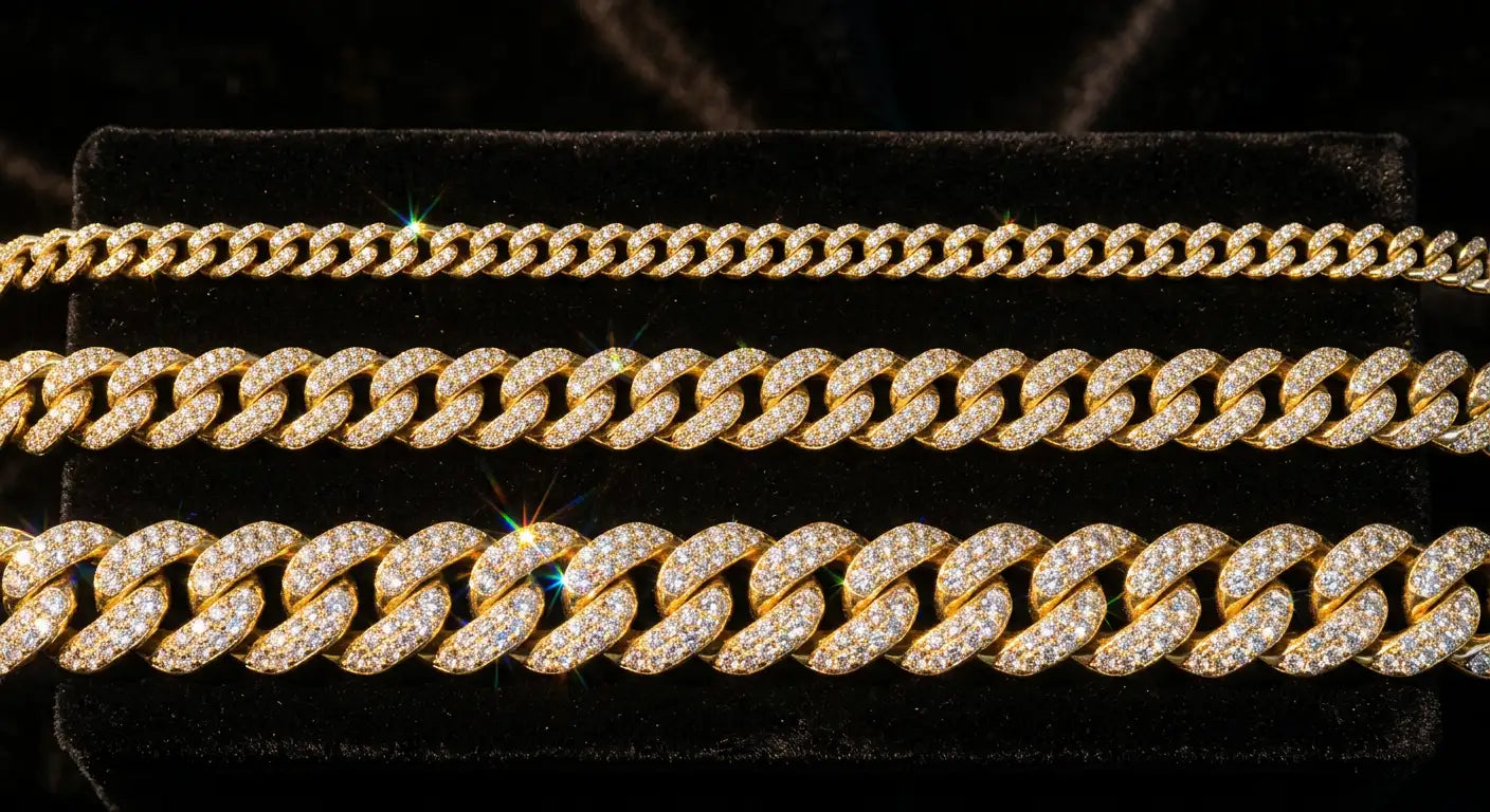 Diamond Cuban link chains in three widths from subtle 5mm to statement 12mm showing increasing sparkle and visual impact