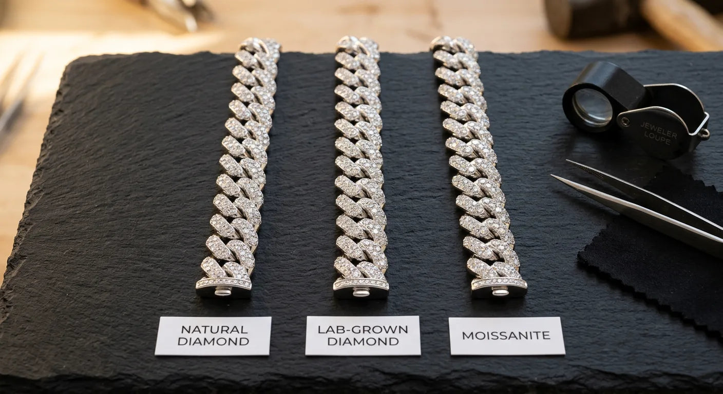 Natural diamond versus lab-grown diamond versus moissanite Cuban link chain segments side by side appearing visually similar