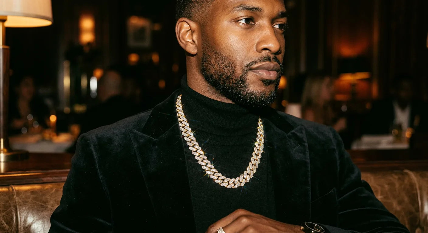 Man wearing 8mm diamond Cuban link chain showing brilliant iced-out sparkle effect with stones catching light from every angle