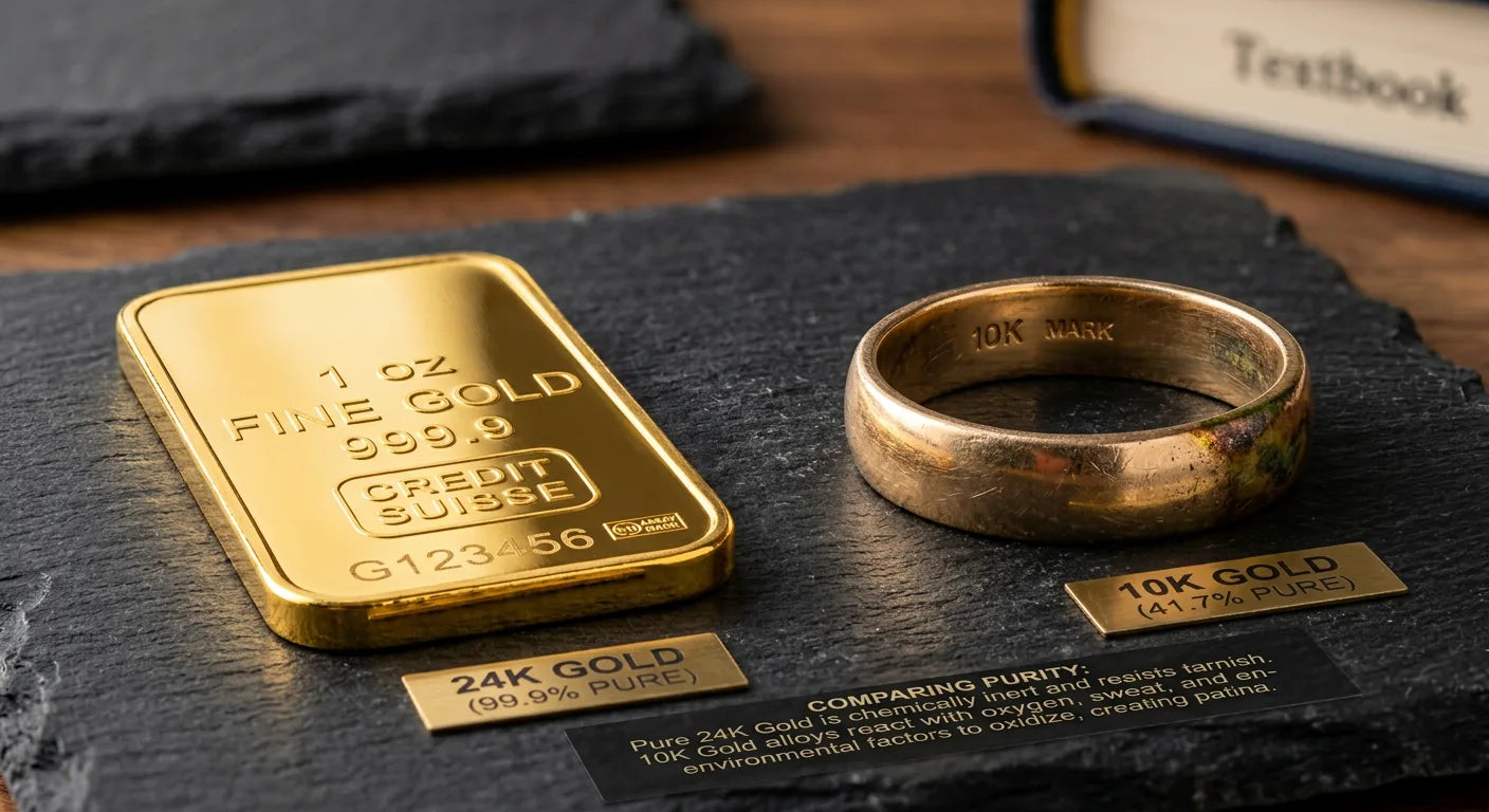 24K pure gold bar with no tarnish next to 10K gold ring showing slight alloy discoloration demonstrating karat impact on durability